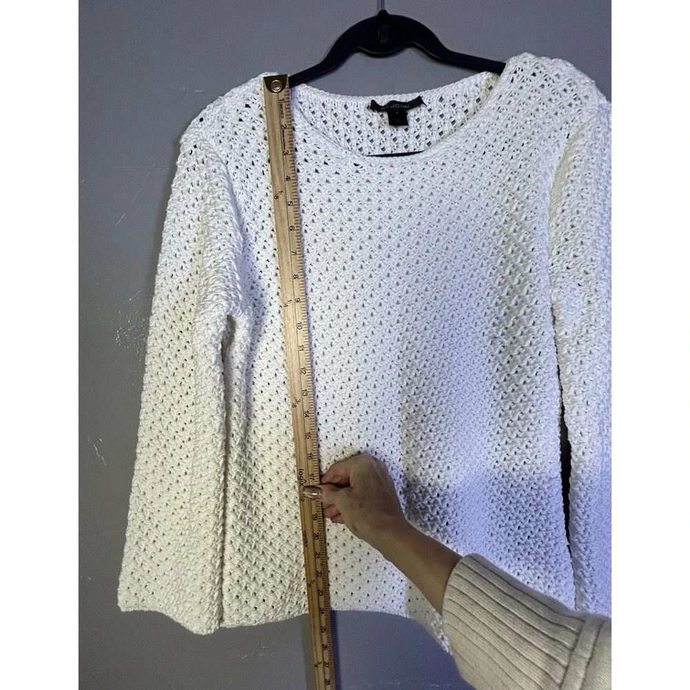 St. John cream white open-knit crewneck sweater Bell Sleeves S Quite Luxury